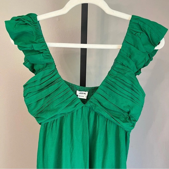 Jason Wu Ruched Ruffle V Neck Linen Maxi Dress Kelly Green Small NWT Feminine - Picture 3 of 7